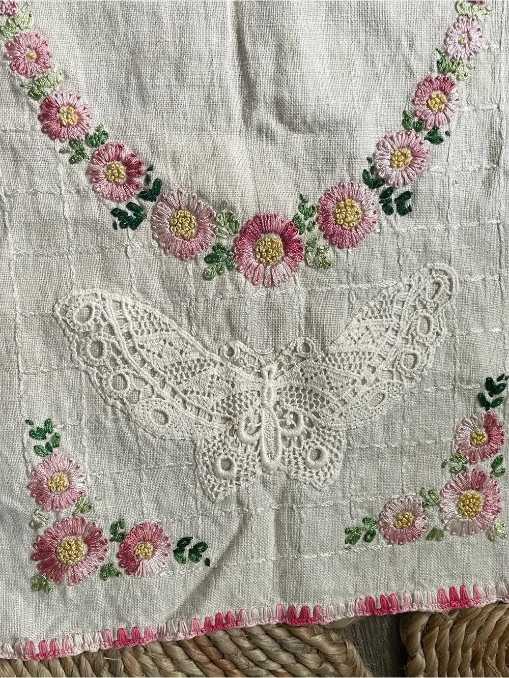 Vintage Embroidered Cotton Table Runner Butterfly Pink White